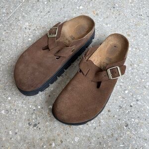 Papillio Brown Suede Clog Mules with Buckle